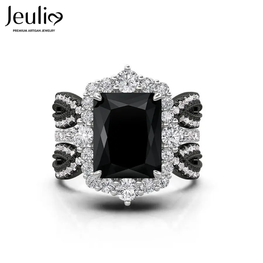 Jeulia Women's 925 Sterling Silver Wedding Engagement Ring Stack - 4.242 ct Radiant Cut Diamond Halo Ring, 5.2ct Gemstone, 0.8-2.8 mm Interchangeable Twisted Pavé Bands, 4.5 mm, 7.4 g Elegant Bridal Jewelry Gift