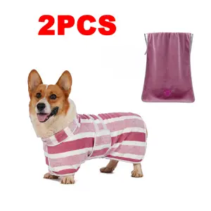 Dog Bathrobe & Embroidered Towel Set, Striped Pet Dressing Gown, Ultra Absorbent, Adjustable Belly Strap, Soft Fabric Pet Bath Towel with Paw Print Embroidery