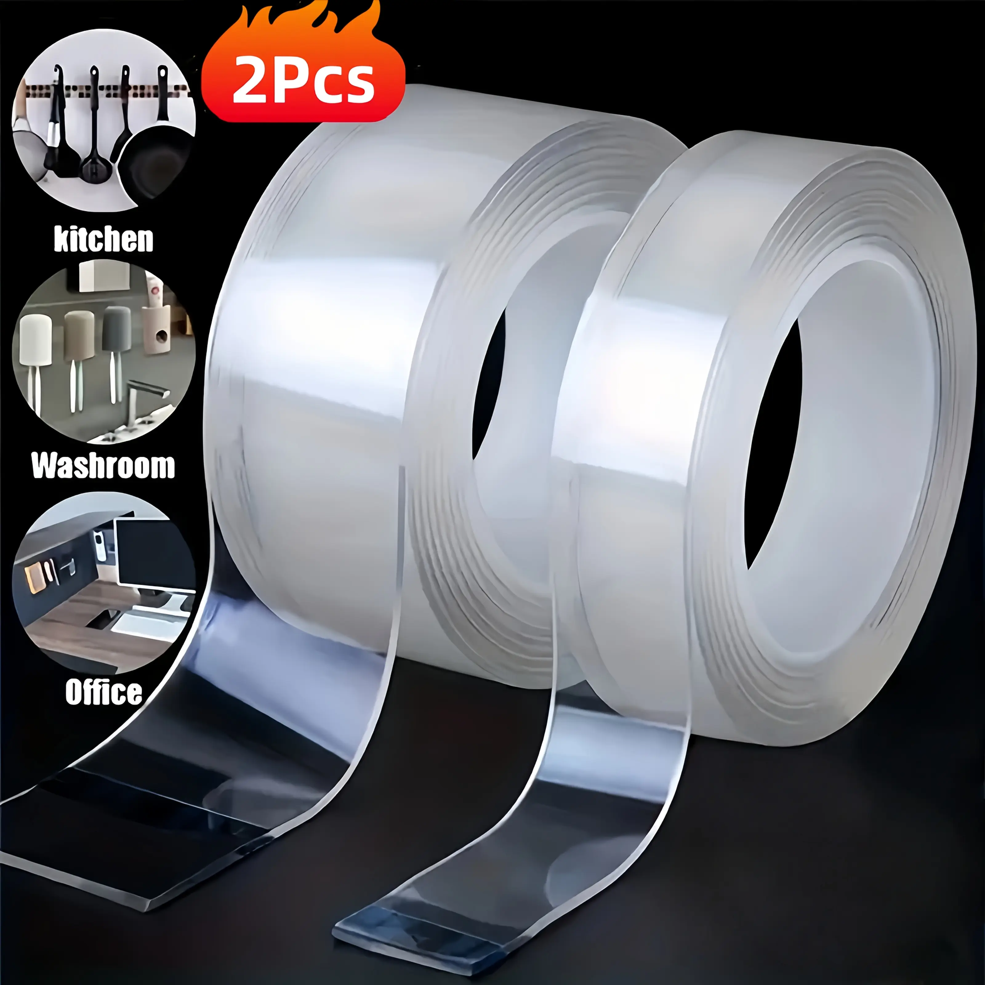 2pcs Double-Sided High Strength Reusable Adhesive Tape - Residue-Free, Waterproof, Multifunctional for Home, Office Use (Ideal for Wall Decoration, Home Organization), Reusable Tape