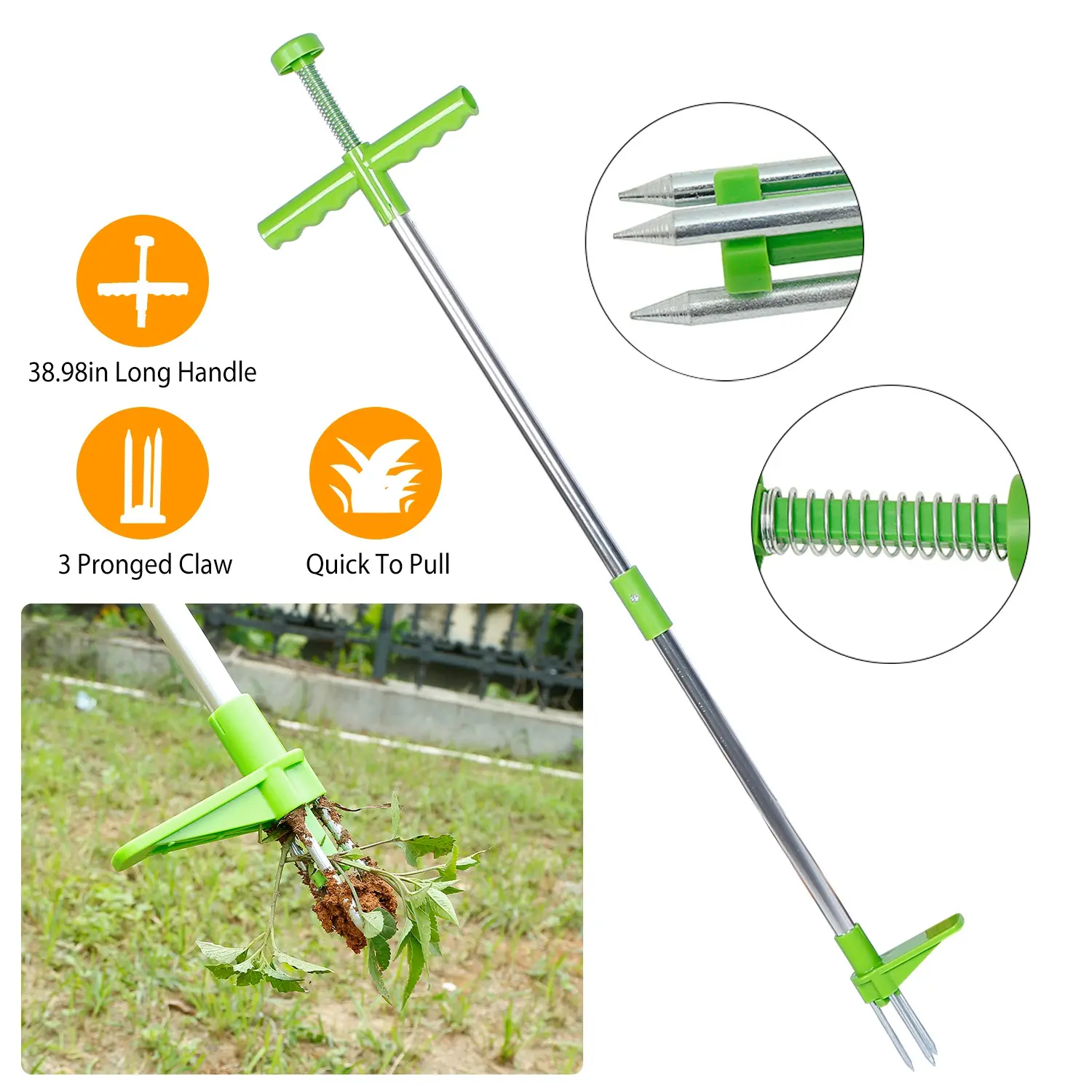 Stand-Up Weed Puller Tool with Foot Pedal, 3-Claw Aluminum Twist Weeder, 38.98 in Long Handle Manual Root Remover, Labor-Saving 3-Prong Grass & Dandelion Puller for Lawn, Garden & Yard