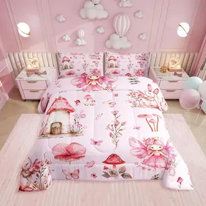 Pink Fairy Garden Comforter Set,- Mushroom Floral Bedding Set for Girls Kids,Pink Butterfly Flower Bunny Quilt | Whimsical Fairies Bedroom Decor