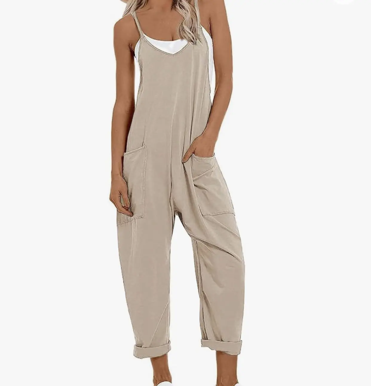 Spaghetti Straps Harem Long Pants Overalls With Pockets In Khaki Fashion Jumpsuits
