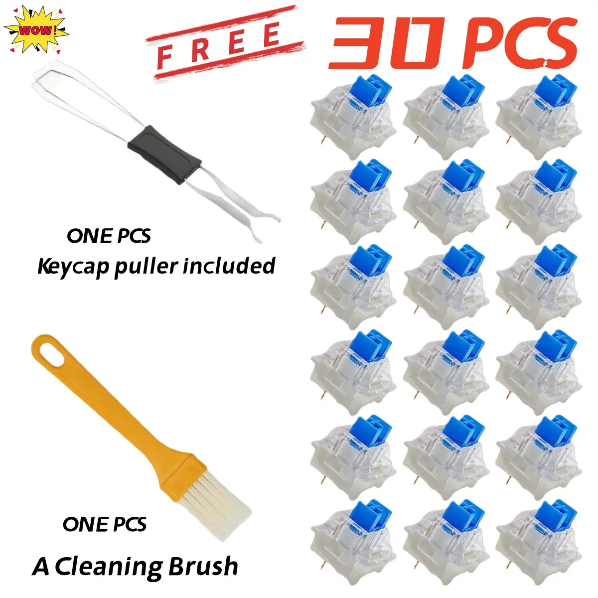 Mechanical Keyboard Switches Clicky 30/50/90pcs, Clickers for 3D Prints, Includes Switch Puller & Brush, Compatible with Most Gaming Keyboards, Universal Compatibility