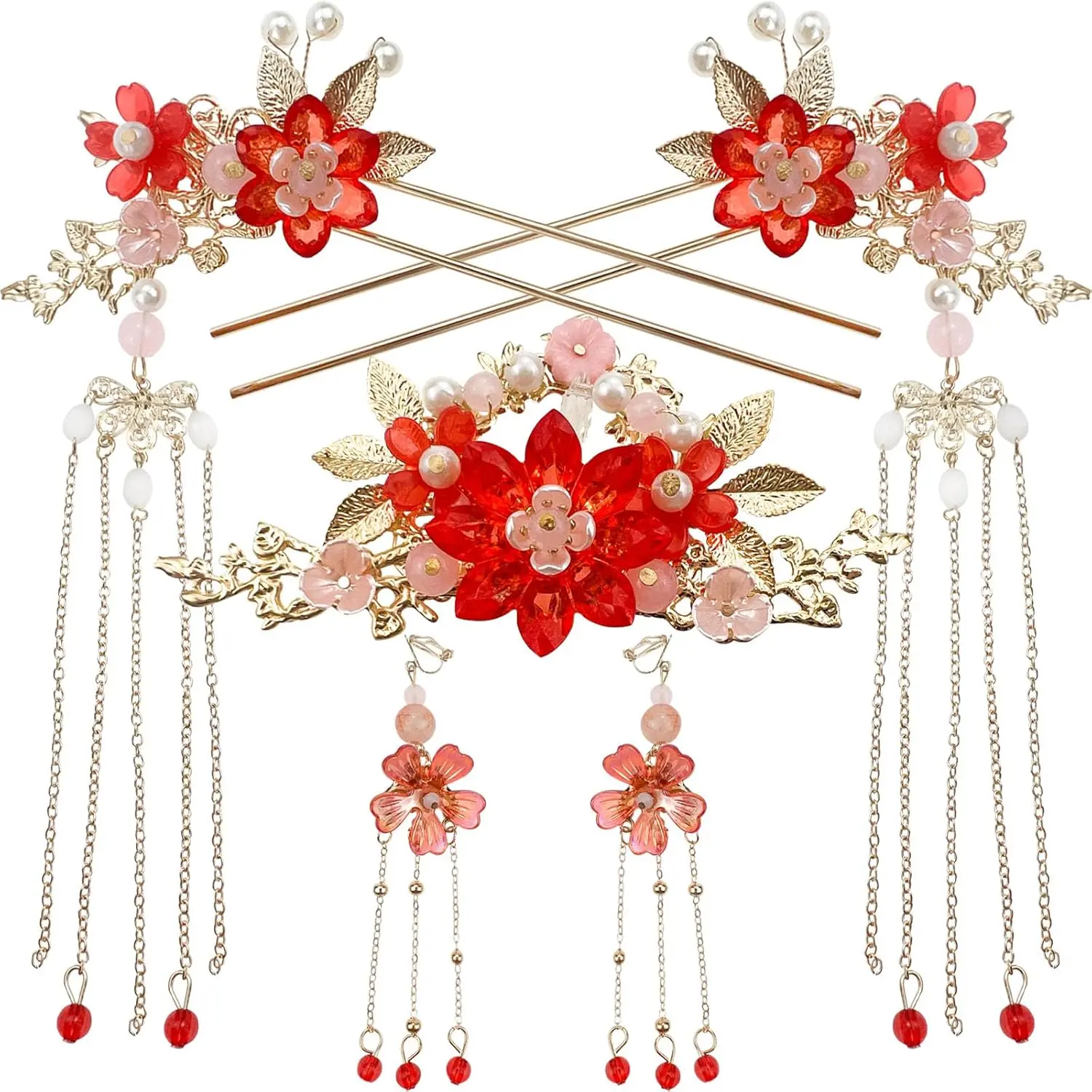 Traditional Chinese Wedding Hair Accessories, Red and Pink 