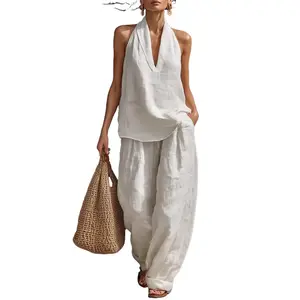 Boho Linen Two Piece Set Halter Neck Sleeveless Top & Wide Leg Pants Perfect for Beach Vacation & Brunch Womenswear Clothes