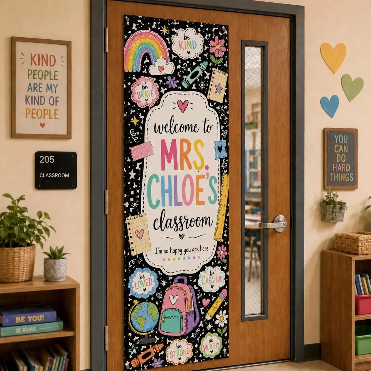 Personalized Black Doodle Classroom Door Banner, Polyester Linen Teacher Tapestry, Back To School Decor