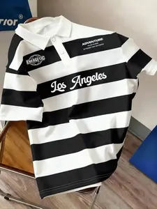 Men's Simple Striped College Letter Buttoned Polo Shirt, Casual Loose-Fitting Top, Graphic Design, Ideal for School, Outing, Gift