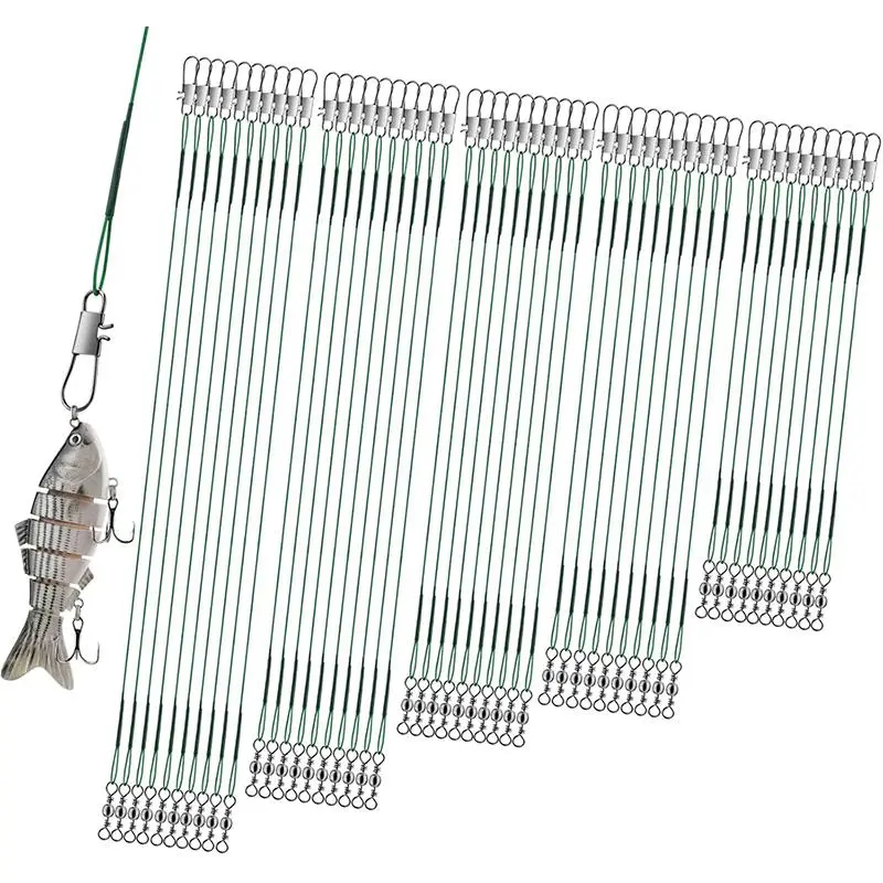 Stainless Steel Fishing Leaders with Swivels Snap Connect Kit, 50pcs/set High Strength Fish Line Wire Leaders for Fishing, Fishing Equipment, Fishing Wire Leader Line for Lure Bait Rig Hooks, Fishing Tackle Kit, Fishing Gear, Fishing Gear Supplies