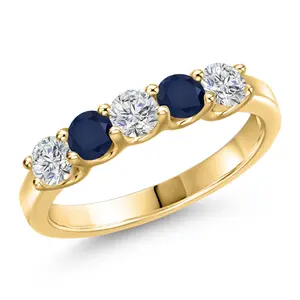 Gem Stone King 10K Yellow Gold Lab Grown Diamond and Blue Sapphire 5-Stone Wedding-Bands Ring For Women | 0.95 Cttw | Round 3.5MM | Gemstone April Birthstone | Available In Size 5, 6, 7, 8, 9