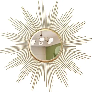 24'' Large Gold Sunburst Wall Mirror Boho Home Decor Round Wall Mirror for Room Decoration Metal Crystal Decorative Entryway