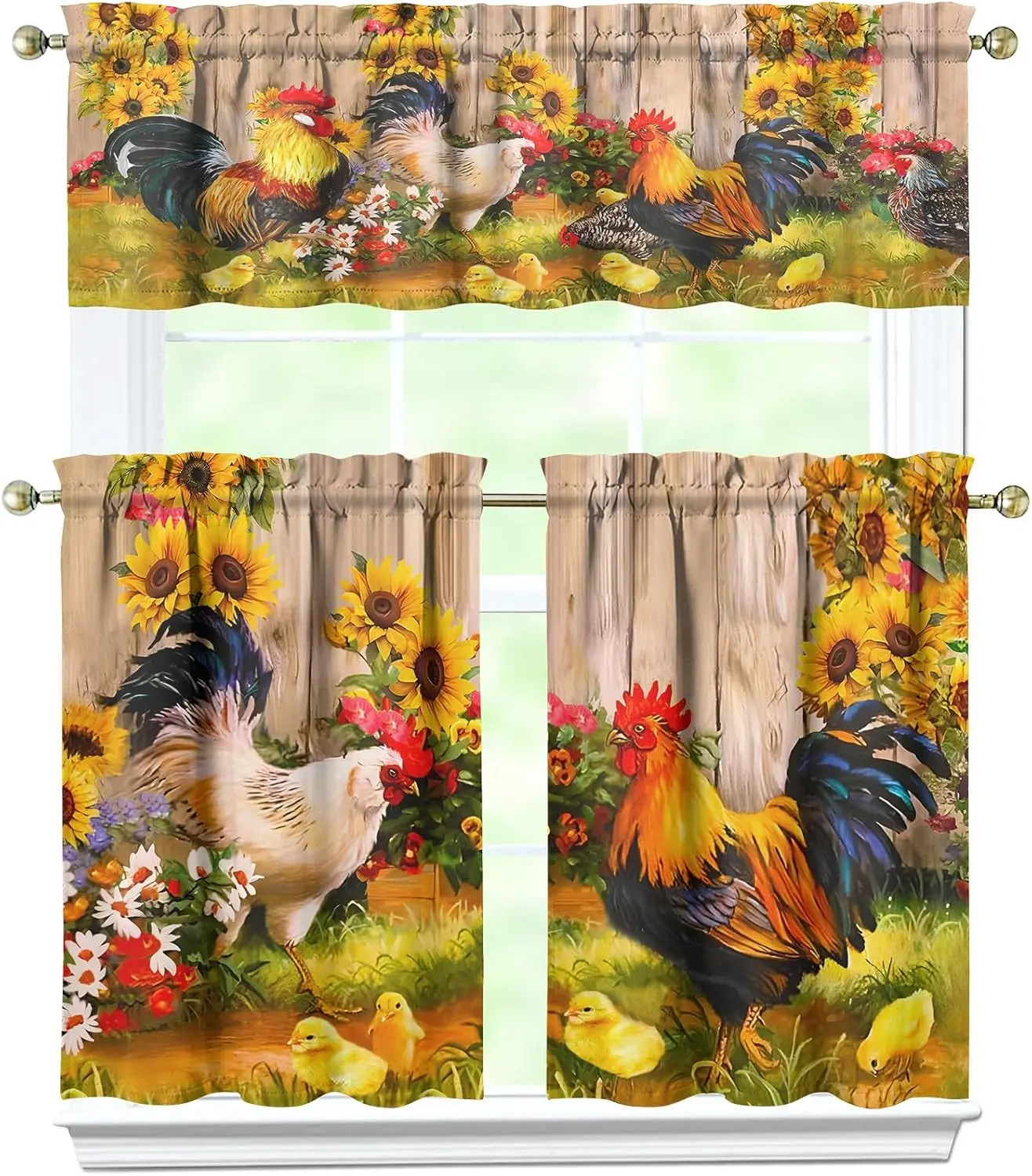 3 Piece Chicken Kitchen Curtains and Valances Set for Windows Rooster Kitchen Window Curtains Over Sink Decor 27.5x36 in