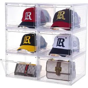 Hat Organizer for Baseball Caps,set of 6, Transparent Hat Storage Box, Hat Holder With Clear  Door, Stackable Hat Rack, Easy to Assemble Stylish Hat Display(13.5 "x 10.6" x 7.5 ")