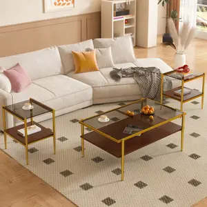Coffee Table and End tables Set of 3, Tempered Glass Table with MDF layer, Modern Tables for Living Room (3 Pcs Set)