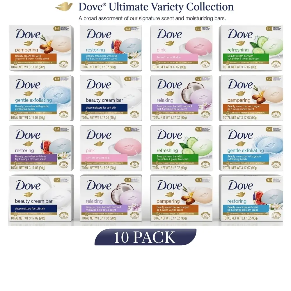 Dove Beauty Bar Soap Multi-Pack, 10 Count (90g/3.2oz) Alcohol-Free Cleanser - 1/4 Moisturizer Cream, Youth-Focused Hydrating Daily Body Wash, Assorted Scents, No Harsh Additives for Body Care