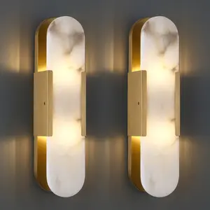 13.8 in Brass Alabaster Wall Sconces, Natural Marble Wall Sconces Set of Two Indoor Alabaster Sconces for Living Room Modern Alabaster Sconces Wall Lighting for Dining Room Stairs Bedroom
