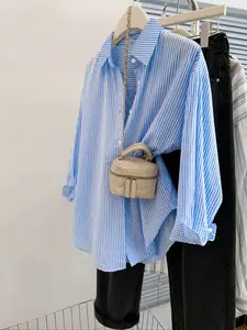 Elegant Women's Blue Striped Shirt, Loose Fit Casual Fashion Top, Versatile Daily Wear for Work & Leisure, Stylish Ladies' Clothing