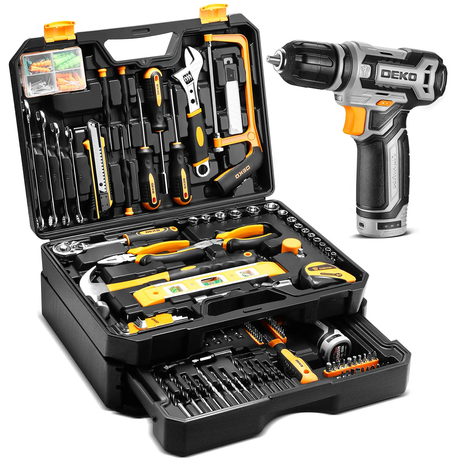 DEKO 12V Cordless Drill Kit - Compartmentalized Case with Wrench, Screwdriver, Hand Repair Items, Tool Accessories and Storage Organizer Drawer for Home Mechanics