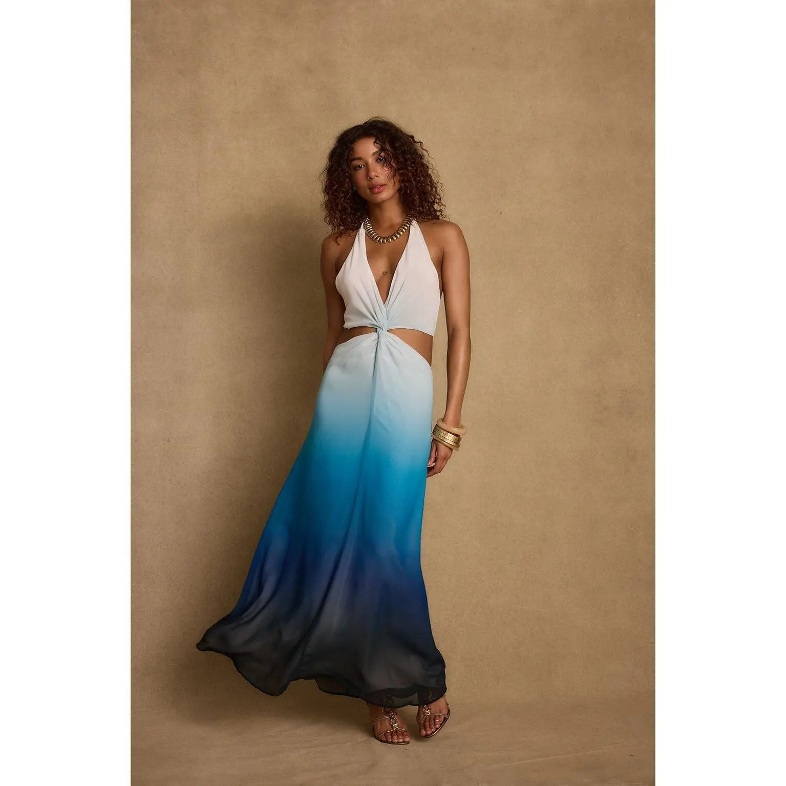 blue and white ombre maxi dress Fiji Blue Ombre Satin Cowl-Neck Strappy Slip-Maxi Dress – Club L London main image 0