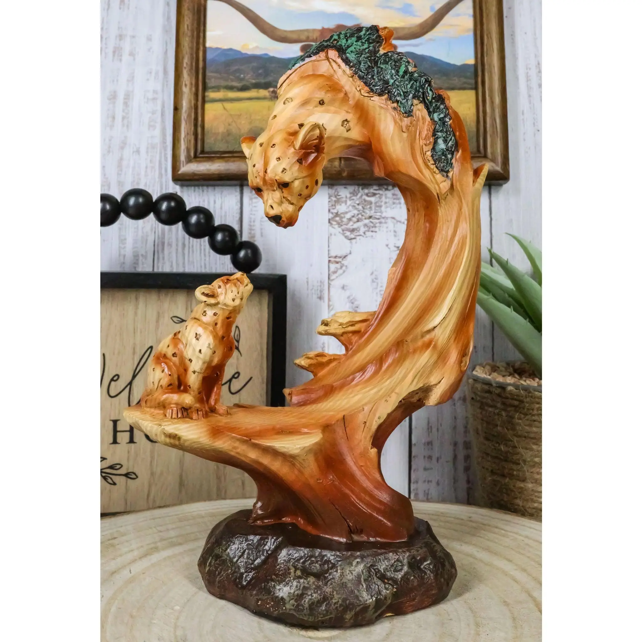 African Savannah Jungle Panther & Leopard with Cub Faux Wood Grain Sculpture, 9.25"-Tall Figurines & Miniatures Home Decor Statue