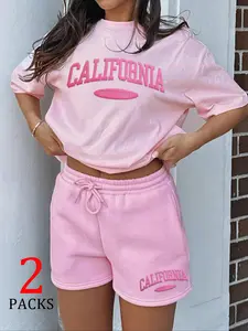 Women's California Print Crop Tee & Shorts Two-Piece Set, Casual Fashion Cozy Round Neck Short Sleeve T-Shirt & Shorts for Daily Outdoor Wear, Ladies Two-Piece Outfits for Summer, Clothes