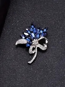 Elegant Blue Crystal Floral Brooch, Sparkling Cubic Zirconia Lapel Pin, Women's Holiday Party Accessory Gift