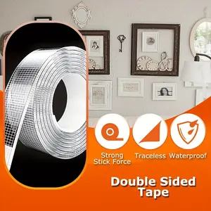 Industrial-grade nano double-sided tape, 5 meters long, tear-off without leaving residue, transparent PET material, high viscosity, strong load-bearing capacity, easy to tear and cut, high temperature resistant, reusable, suitable for various scenarios su