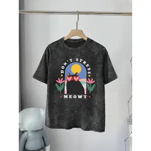 Floral Print T-Shirt- Casual Crew Neck Top with Cute Cat and Plant Patterns, Machine Washable for Daily Wear, Suitable GifSuitable for Both Men and Women, Comfortable and Loose, Versatile, Fashionable and Trendy, Pure Washed T-shirt