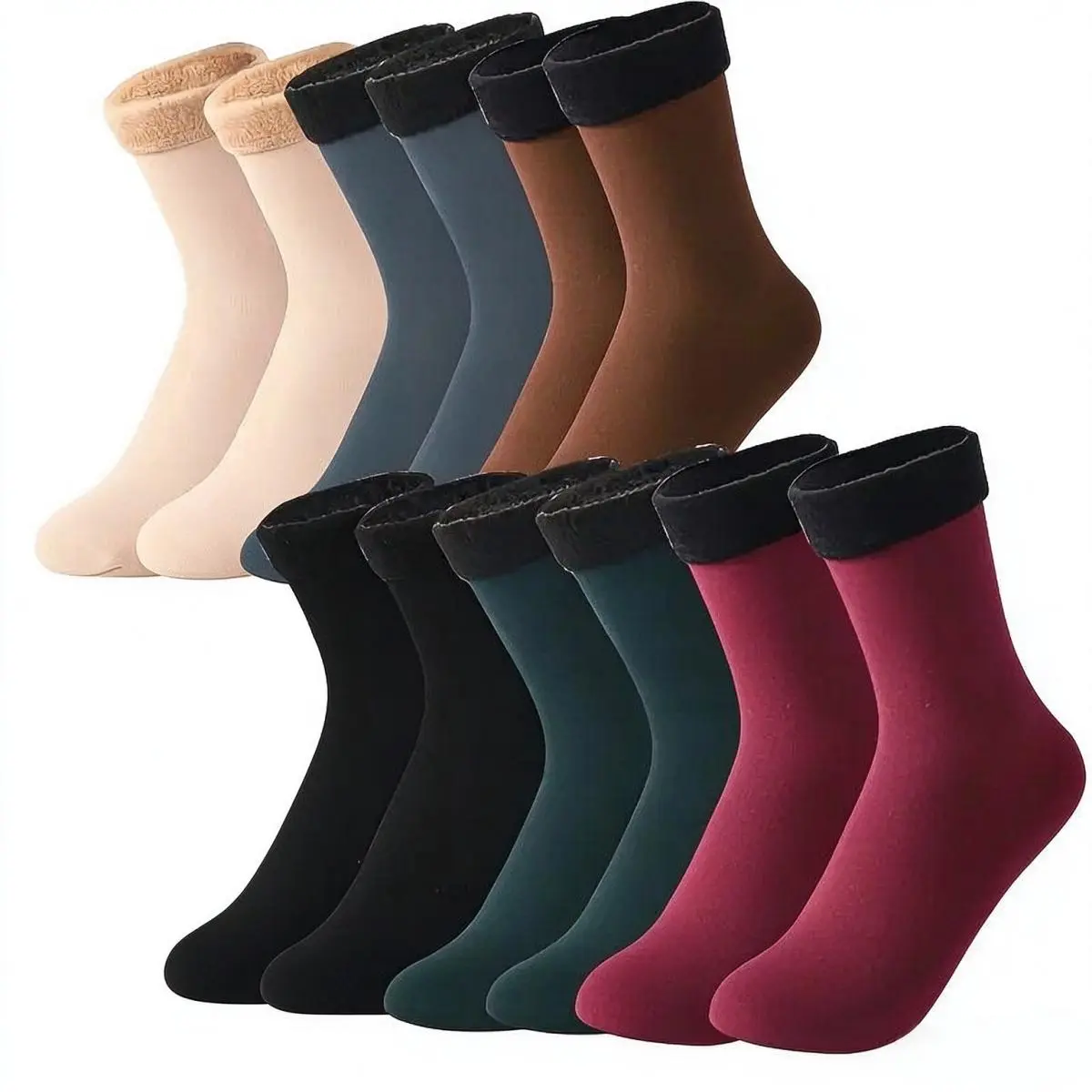 Women's Mid-Calf Socks (12 Pieces/6 Pairs, Black, Solid Colors) - Thick Fleece Traps Cozy Body Heat, Cold-Proof, Adds Extra Coverage, Unisex Floor Toe Socks