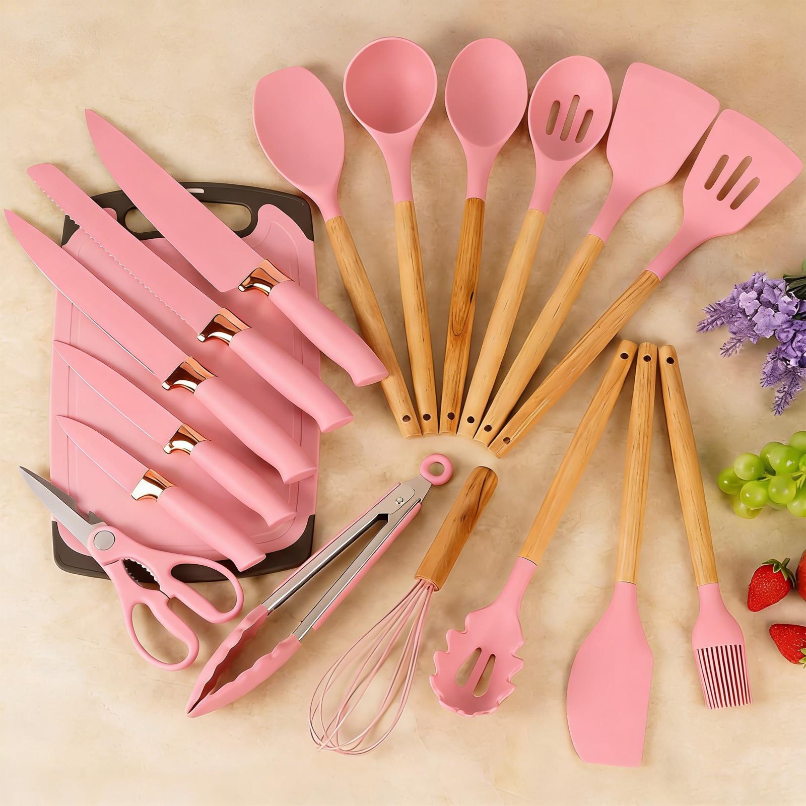 19-piece silicone kitchen utensil set, cooking tools with wooden handles, non-toxic, BPA-free, silicone spoon, rotating clamp, kitchen utensils, nonstick utensils with stand—an excellent choice for mothers, friends, or loved ones, kitchen soup ladle.