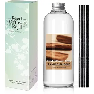 Reed Diffuser Oil Refill, 16.9oz  Sandalwood Scented Essential Oil with 6 Sticks, Long Lasting   for Bathroom,  Room , Hotel,  & Office Decor