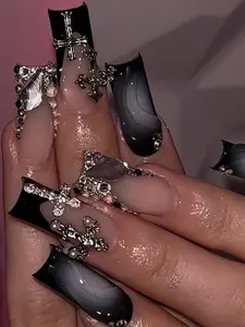 Y2K 24Pcs Gothic Nails Medium Square Shape Press On Nails Bling Flash Fake Nails French Black False Nails 3D Nails Art Cross Nails Nail Supplies Nails