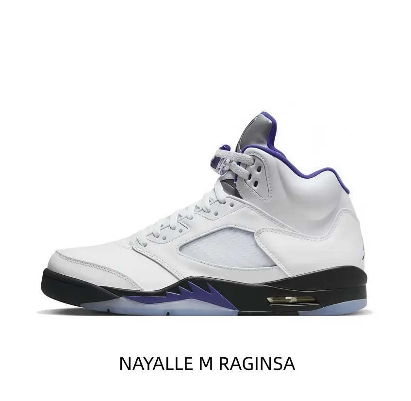 White leather high-top basketball sneakers decorated with purple accents, breathable mesh and translucent outsole deliver clean classic streetwear aesthetics.