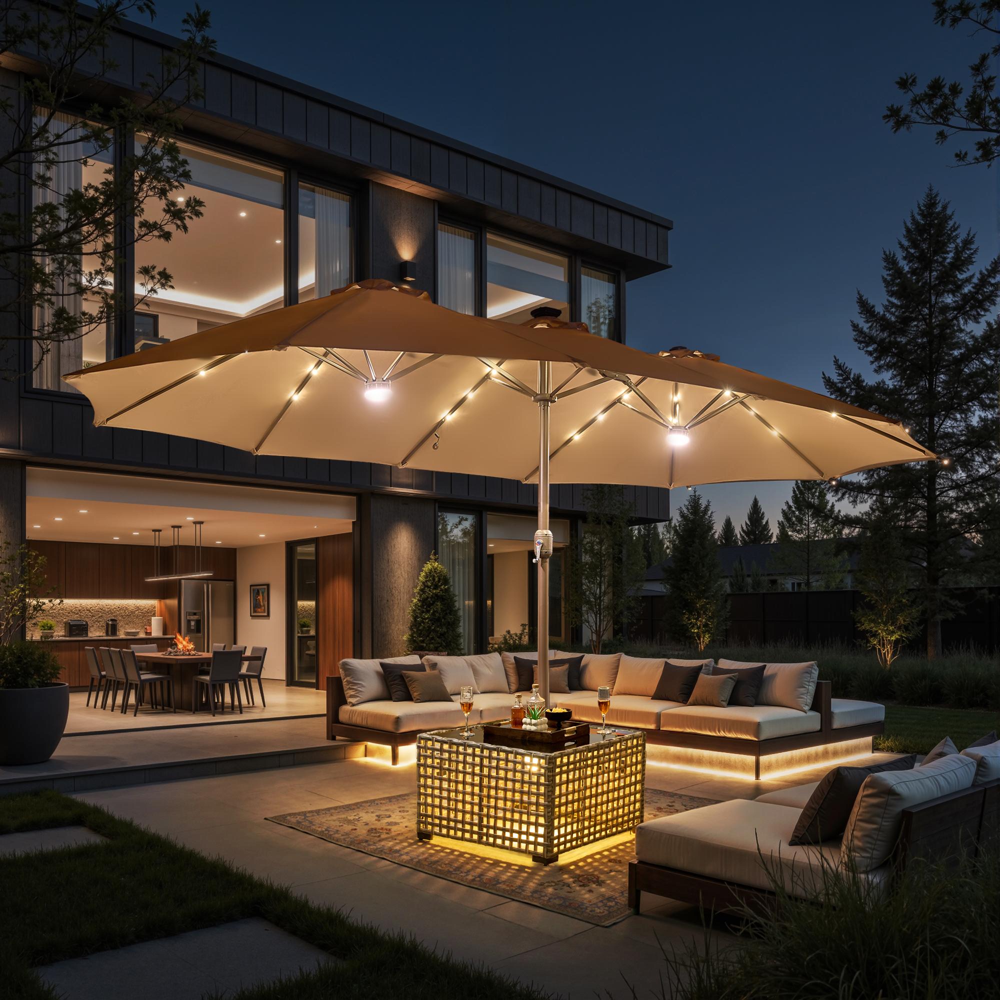 【StockUp Sale】Ovios 15ft Double-Sided Patio Solar Lights Umbrella with Coffee Table , Outdoor Large Umbrellas with Crank Handle and 36 LED Lights, Rectangular Market Umbrella with Base Included for Deck Pool Shade