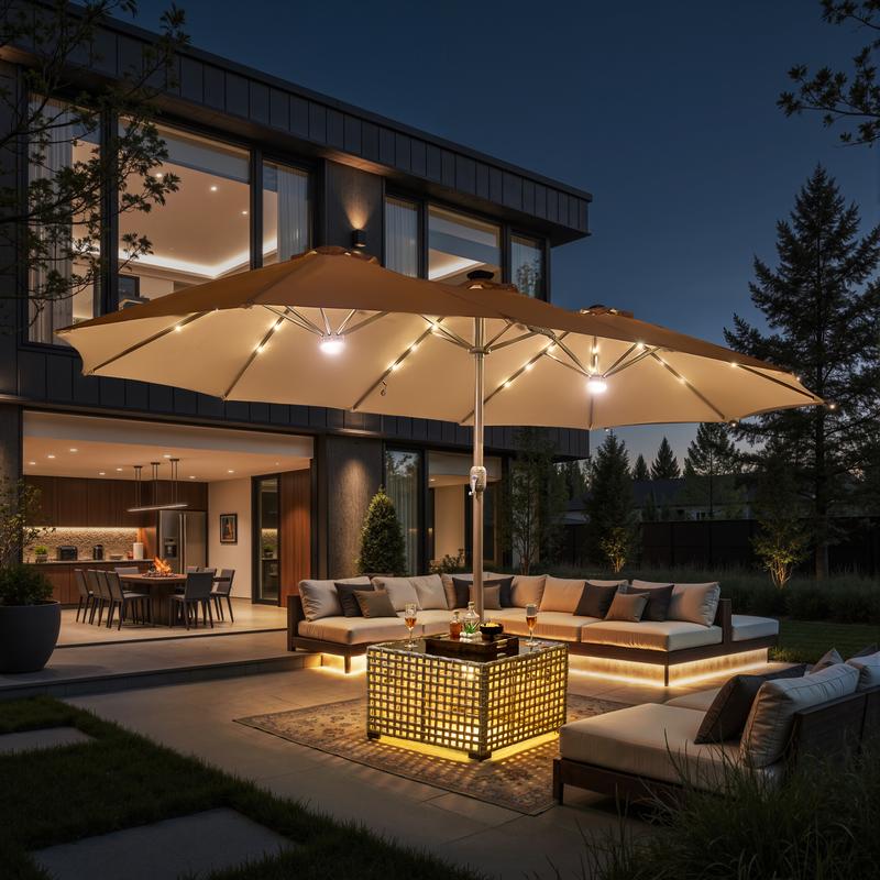 【Solar Lights Umbrella & Table】Ovios 15ft Double-Sided Patio Solar Lights Umbrella with 25" Coffee Table , Outdoor Large Umbrellas with Crank Handle and 36 LED Lights, Rectangular Market Umbrella with Base Included for Deck Pool Shade