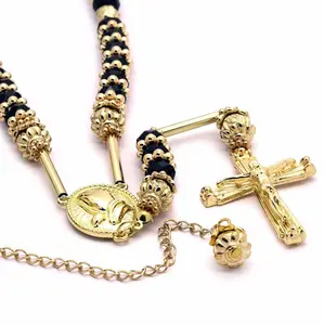Men's Hip-Hop Black Bead Rosary Necklace - 8mm Beads with 14K Gold Plated Praying Hands & Jesus Cross - Bold & Stylish Jewelry