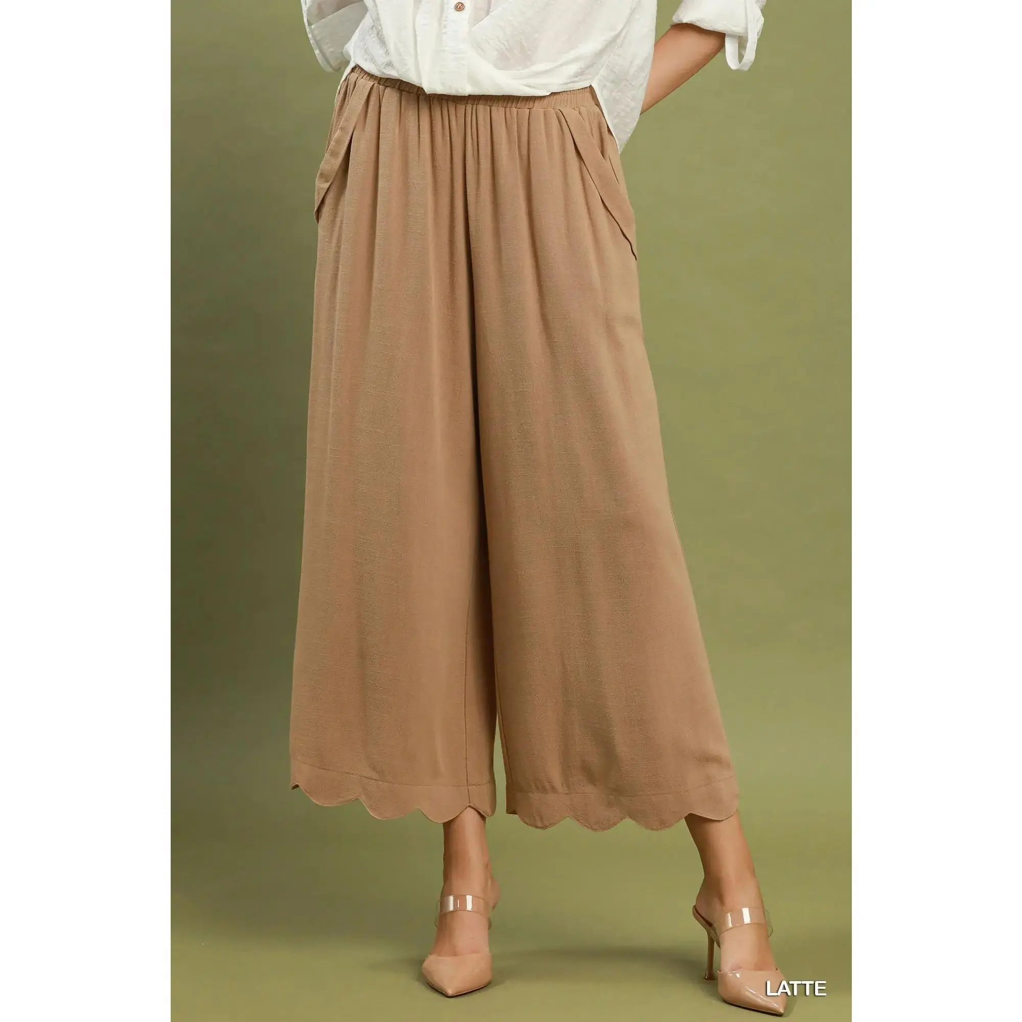 UMGEE Latte Linen Blend Scallop Pants