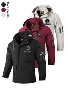 Men’s long-sleeve hooded work jacket with multiple pockets, zipper and button closure, casual outerwear