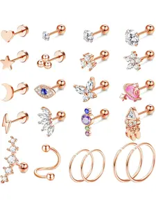 Sparkling 22 Pcs Rose Golden Sweet Piercing Hoops Studs Copper Stainless Steel Piercing Jewelry Set for Women Men Gorgeous Body Jewelry for Daily Parties Festivals Ear Studs
