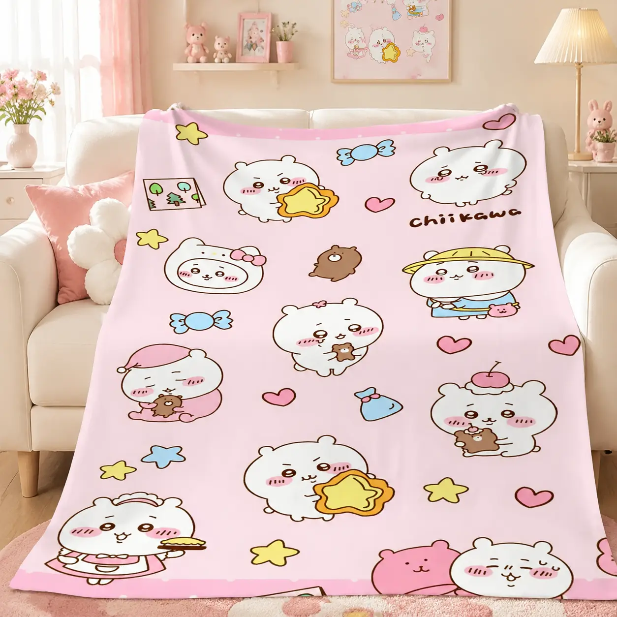 Chiikawa Cartoon Throw Blanket Cute Anime Blanket Home Decor Room Essential Soft Cozy Gift For Kids Adults Fans Sofa Bed Bedroom Living Room Holiday Birthday Halloween TikTok Viral Blanket
