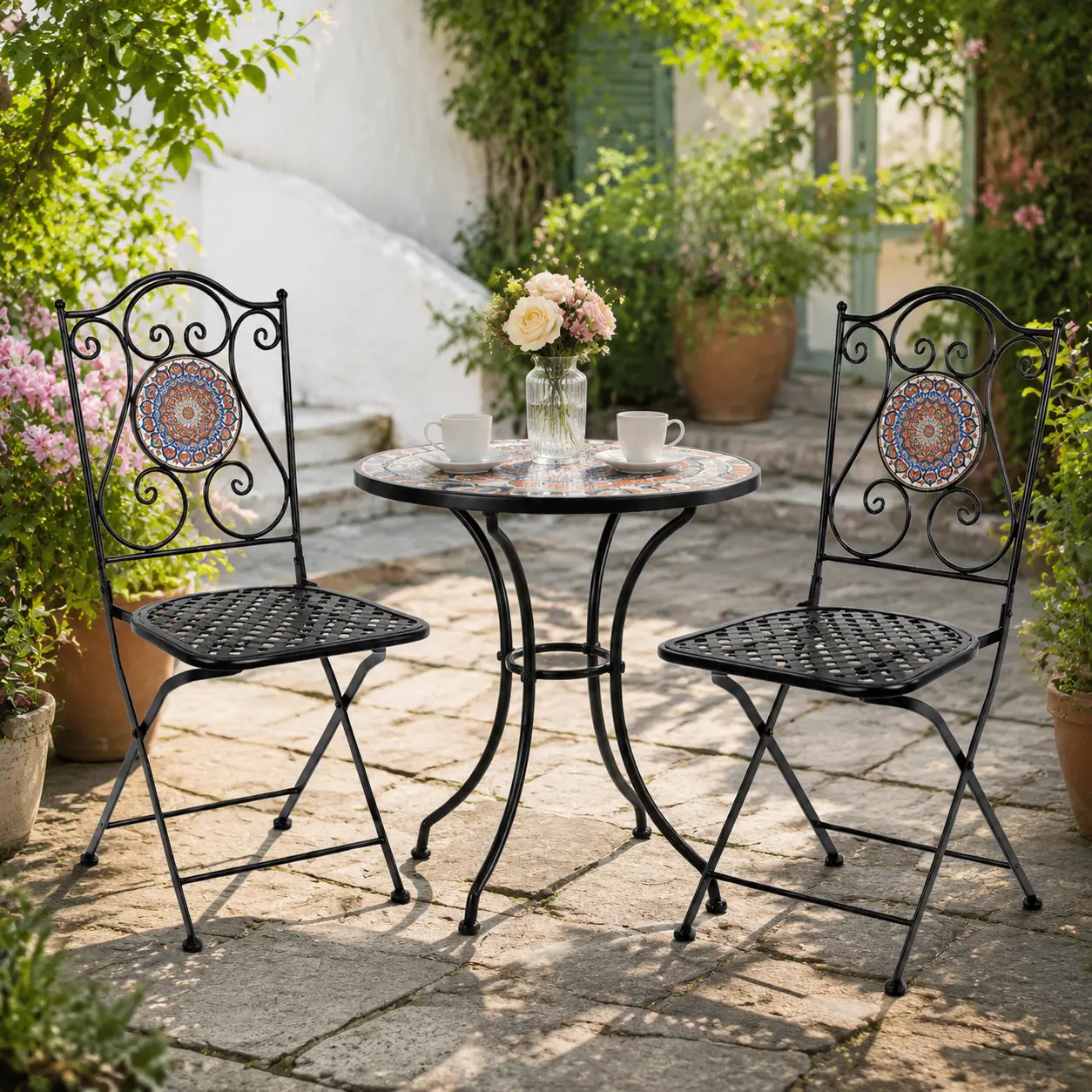 2-Pack Foldable Wrought Iron Bistro Chairs, Boho Ceramic Pattern Outdoor Seating, Portable Patio Furniture for Backyard Garden