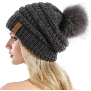 Women Knit Slouchy Beanie Chunky Baggy Hat with Faux Fur Pompom Winter Soft Warm Ski Cap