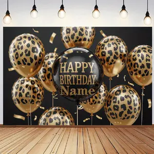 1pc 2D Flat Customizable • Happy Birthday Backdrop • Personalized Name, Black & Golden Leopard Print Balloons • Polyester Banner • Perfect for Birthdays, Weddings, Christmas, Thanksgiving White