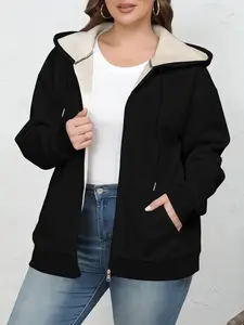 Women's Thick Fleece Hooded Zipper Cardigan, Plain Casual Fashion, Fall & Winter Wear, Warm and Cozy Pullover Sweater