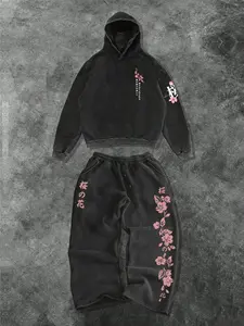 Men's Casual Two-Piece Fashion Set, Athletic Tracksuit Set, Cherry Blossom Graphic Hoodie and Wide-Leg Straight Pants, Suitable for Spring & Fall Sports
