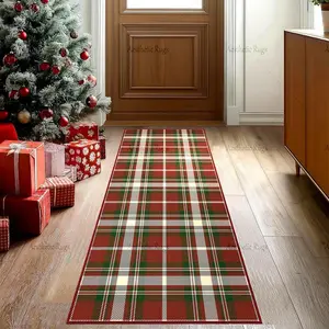 Bohemian Style Kitchen Rug, Boho Area Rug, Christmas Plaid Carpet, Soft Washable Foldable Mat for Living Room Bedroom Hallway Bathroom