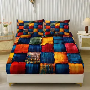 3-Piece Colorful Plaid Print Bedding Set, Includes Fitted Sheet & 2 Pillowcases, Breathable Polyester Fiber, All Seasons