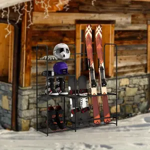 Heavy Duty Freestanding Ski Storage Rack Metal Organizer with Shelf for Snowboards Poles Boots Goggles & Helmets Space Saving Floor Stand for Indoor Outdoor Use Versatile Shelving Unit Sturdy Construction