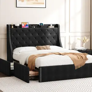 Upholstered Full Bed Frame with 4 Storage Drawers, Wingback Headboard & Charging Station, No Box Spring Needed, Diamond Tufted Design, Black