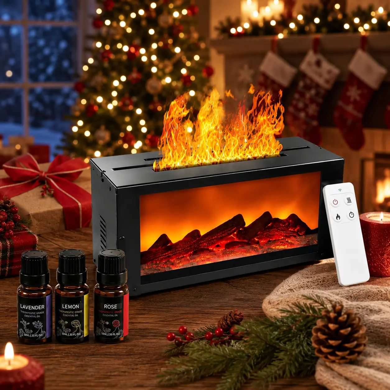 Fireplace Humidifier & Essential Oil Diffuser with 3D Flame Effect, Cool Mist, LED Light, Remote Control, Timer & Auto Shut-Off, Christmas Gift for Home, Bedroom & Office