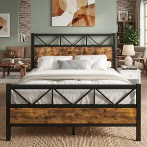 Wooden Bed Frame with Tall Headboard & Footboard, Metal Platform Bed with Under-Bed Storage, Easy Assembly, Available in  Twin/Full/Queen/King Size, Sturdy Noise-Reducing Bed for Bedroom Home Decor